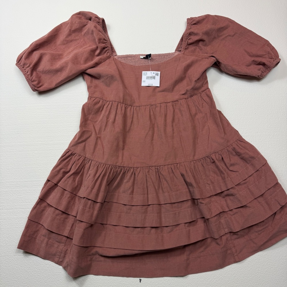 American Eagle Corduroy Tiered Mini Dress Pink Puff Sleeve Smocked Back Women M
